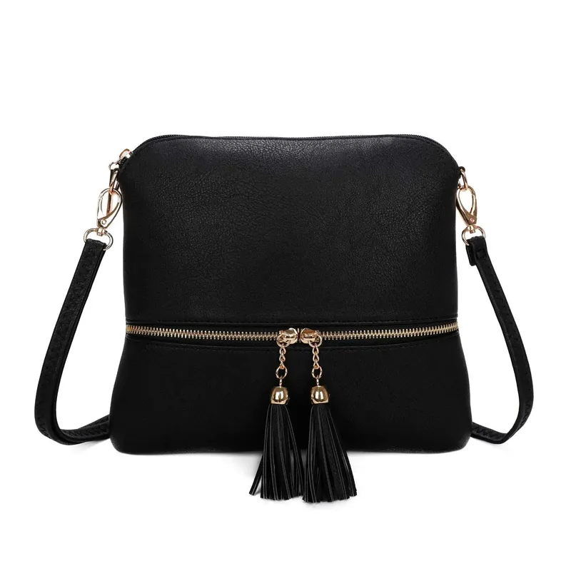 Small Flat Tassel Accent Front Pocket Crossbody Handbag - Kitise