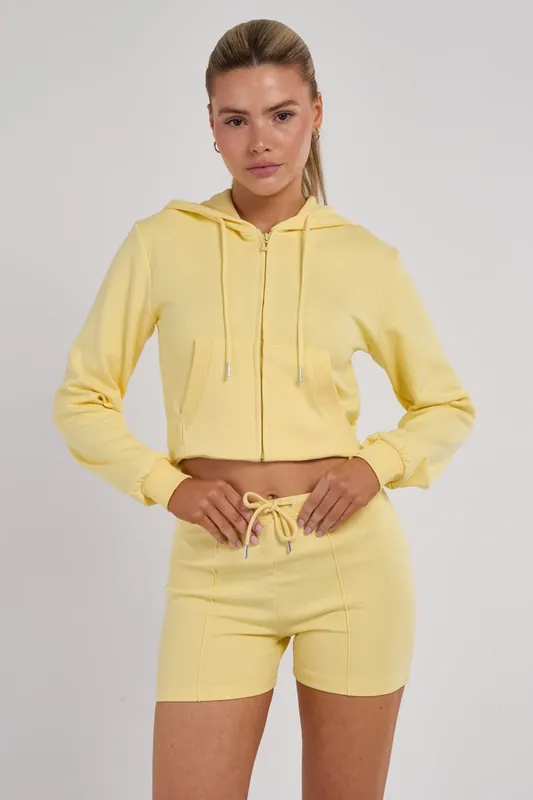 Zipped Hooded Crop Top and Seam Detail Shorts Fleece Co-ord