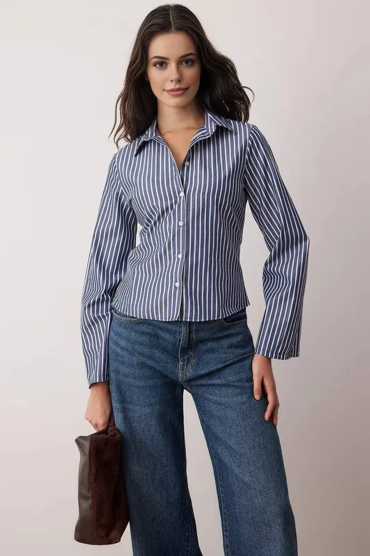 Fitted Striped Button-Up Shirt with Corset-Inspired Waist