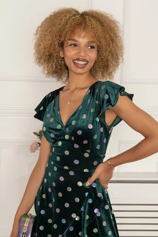 Frill V Neck Velvet Dress - Jolie Moi