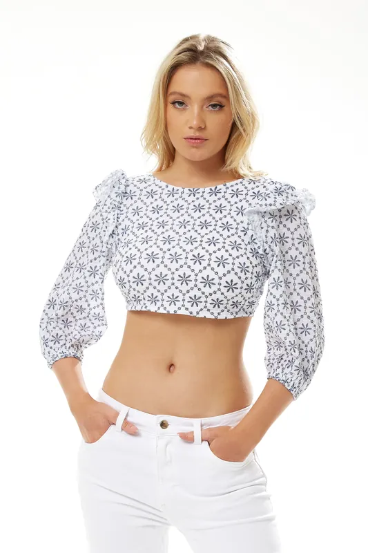 Open Back Floral Crop Top in White - Liquorish
