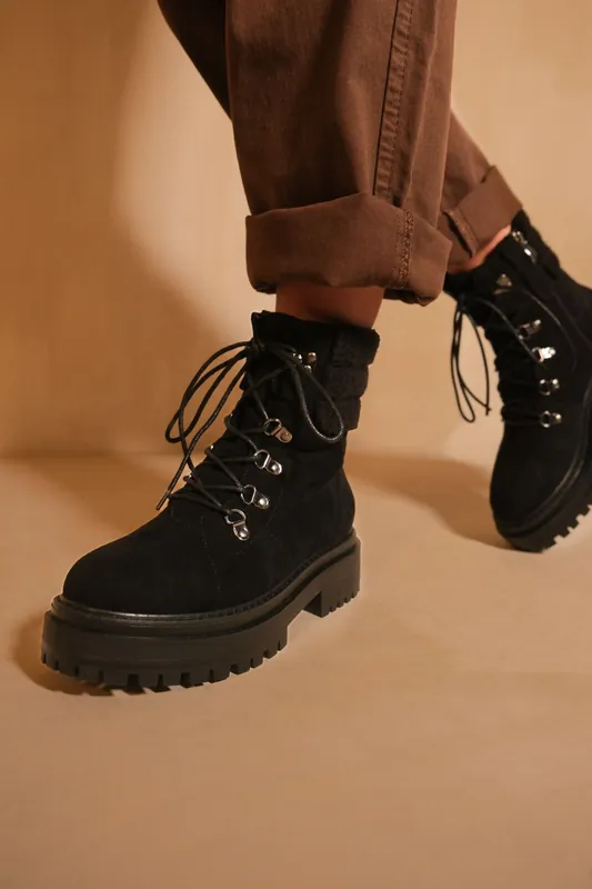 Heidi' Platform Lace Up Boot With Side Zip And Faux Wool Detail Around The Ankle - Where's That From