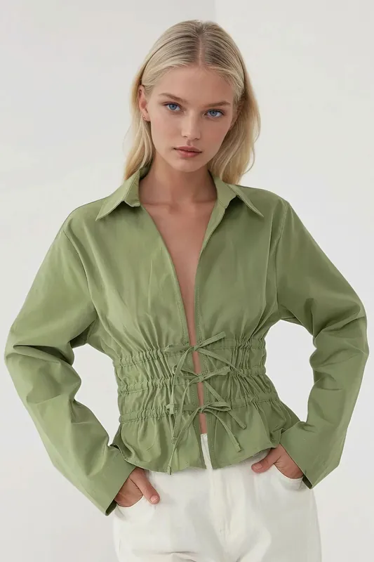 Fitted Tie-up Long Sleeve Cotton Shirt