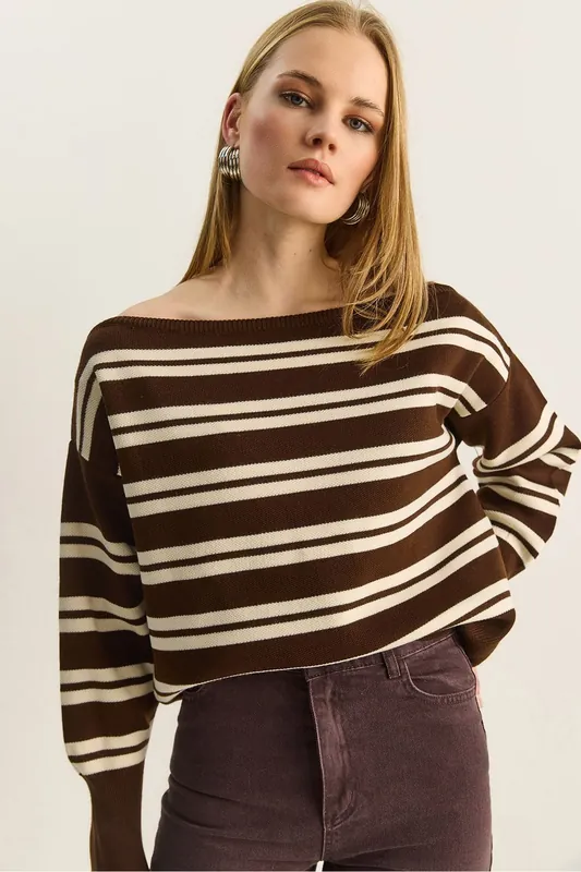 Off Shoulder Striped Ribbed Sweater - Bianco Lucci