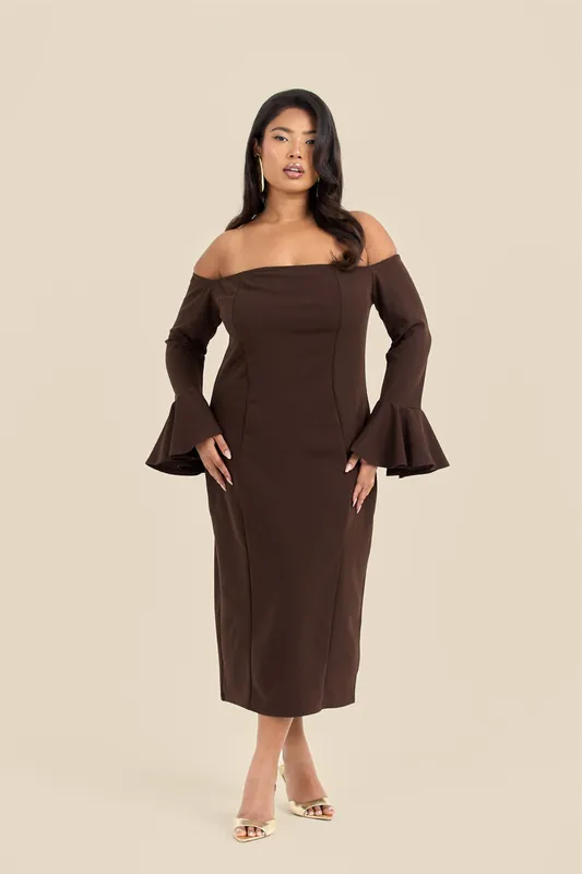Curve Bardot Ruffle Sleeve Scuba Midi Dress - FASHION-SZN
