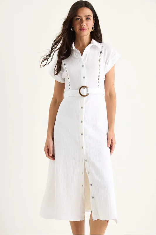 Textured Cotton Midi Dress with Shirt Collar - Bianco Lucci