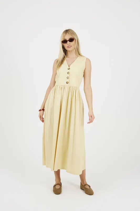 Sleeveless V-Neck Button Down Midi Dress