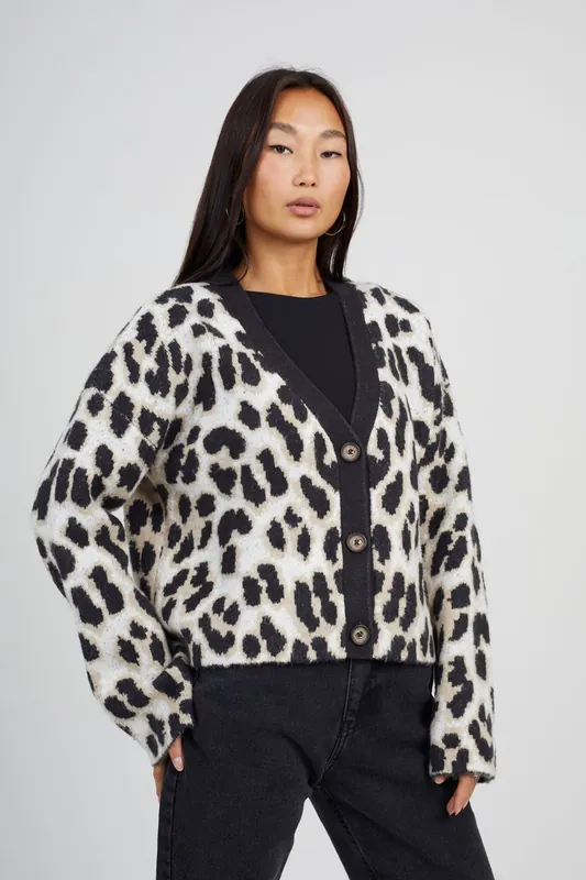 Button Through Animal Print Jacquard Knit Cardigan - Brave Soul