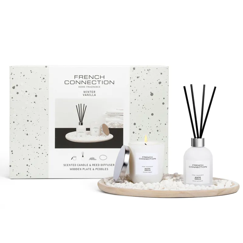 Winter Vanilla Home Fragrance Gift Set, Scented Candle & Reed Diffuser with Wooden Plate & Pebbles - French Connection