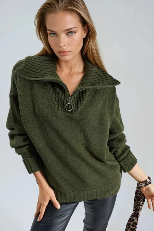 Oversized Ribbed Knit Sweater with Zipper Collar - MyFashion