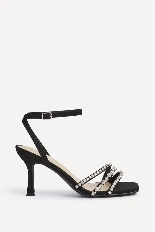 Bling Black Faux Suede Strappy Diamante Heel - Linzi