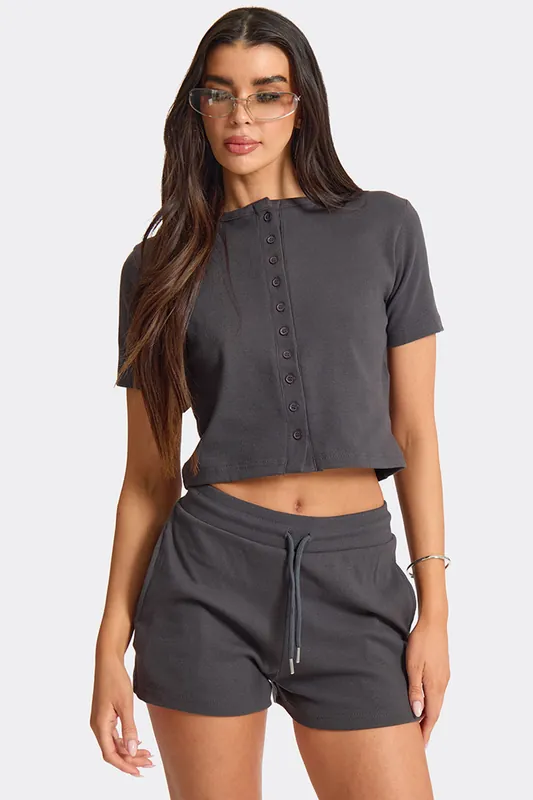 Short Sleeve Button Up Crew Neck Ribbed Top - EGO