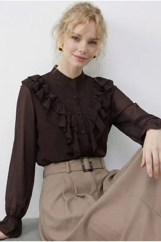 Frilly Mandarin Collar Long Sleeve Chiffon Shirt - Bianco Lucci