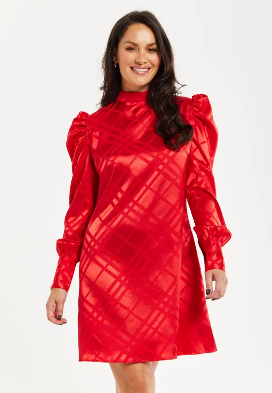 Check Jacquard Mini Dress With High Neck & Puff Sleeve Detail In Red - Liquorish