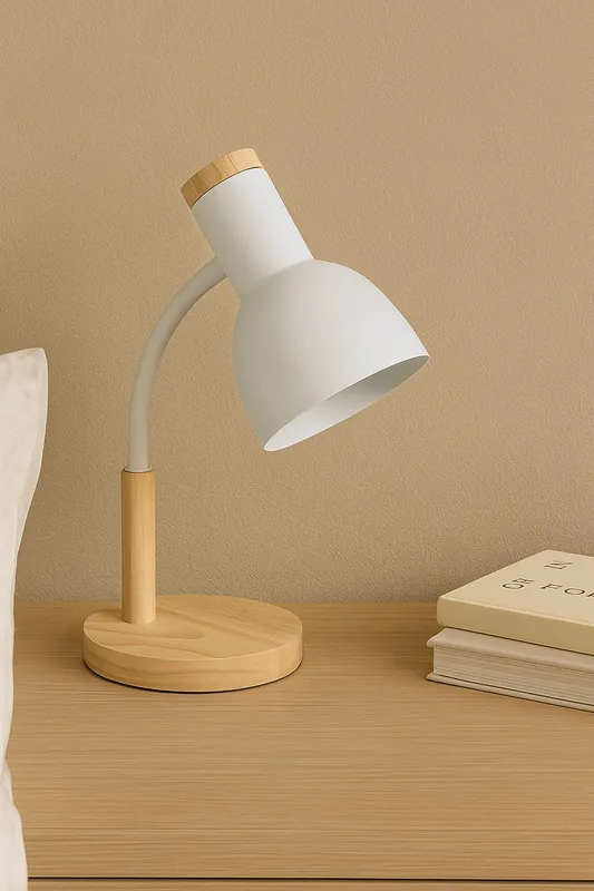 White Table Lamp with Flexible Arm and Wooden Base - Living and Home