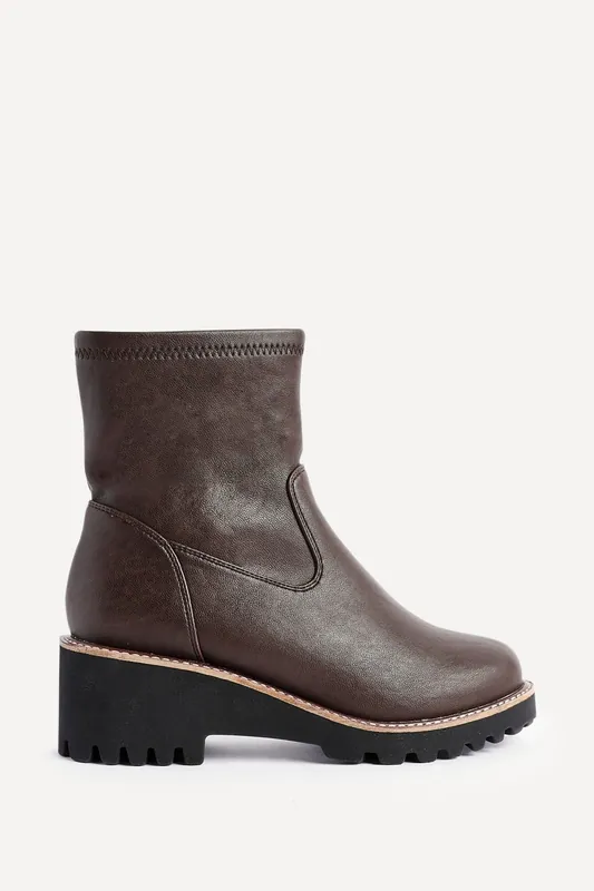 Pulse Wide Fit Brown Faux Leather Wedged Heel Ankle Boot - Linzi