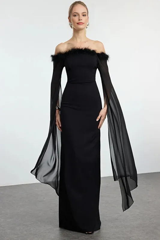 Off The Shoulder Maxi Evening Dress with Sheer Sleeve Detail - WOVCOR