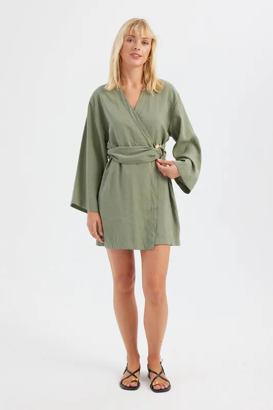 V Neck Long Sleeve Mini Dress with a Belt Detail - Hiccup