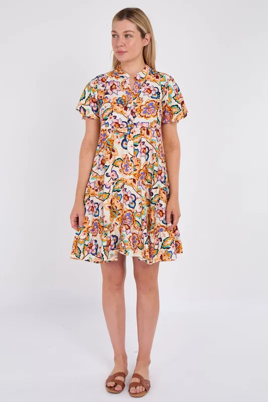 White Bloom Print Ruffle Hem Mini Shirt Dress - Love Sunshine