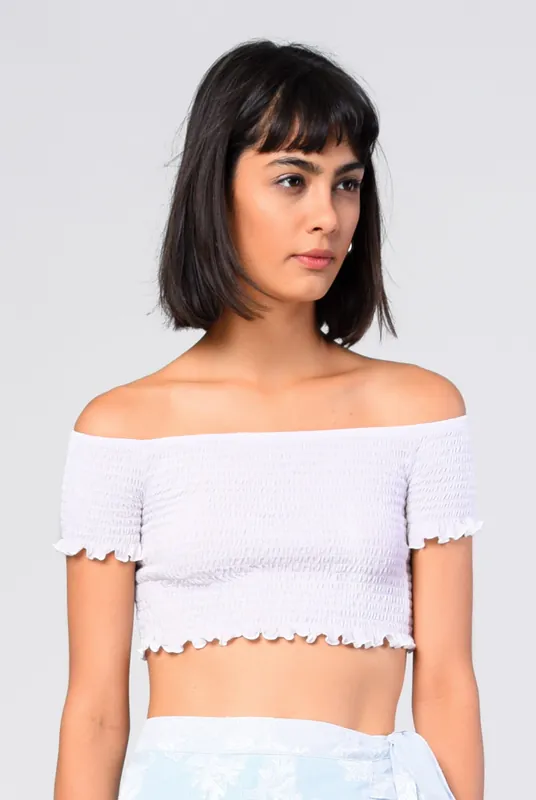 Off-White Shirred-Bardot Crop-Top