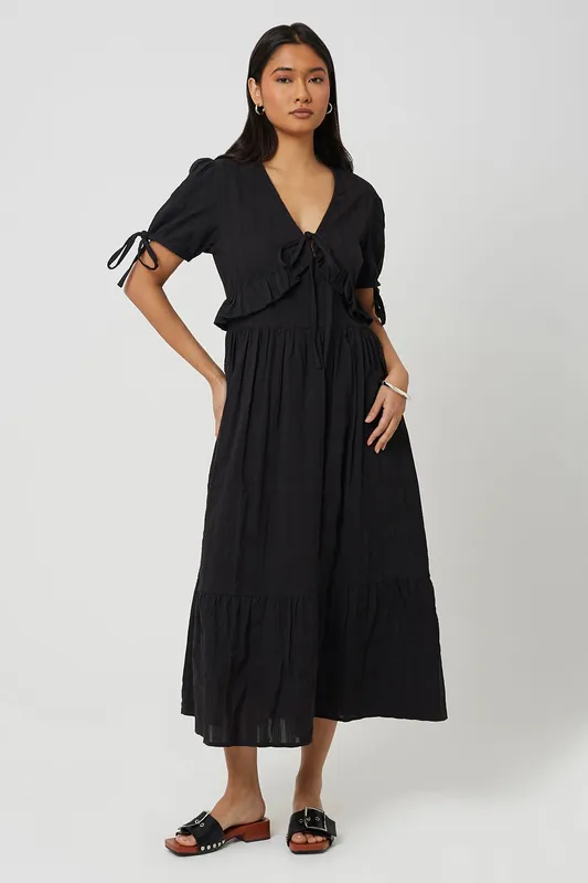 Puff Sleeve Maxi Dress With Tie And Ruffle Details - Brave Soul
