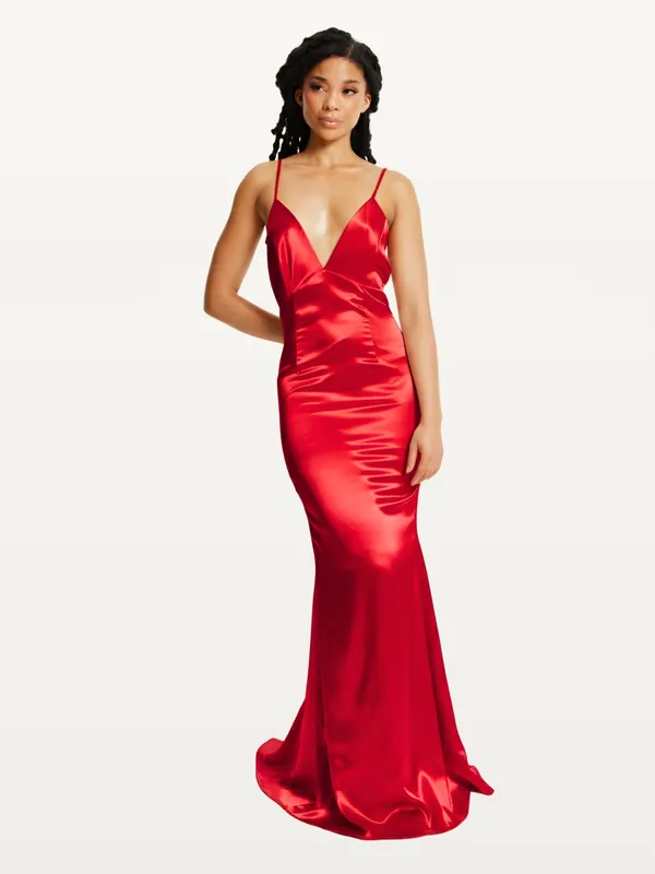 Red Satin Plunge Maxi Dress - Liquorish