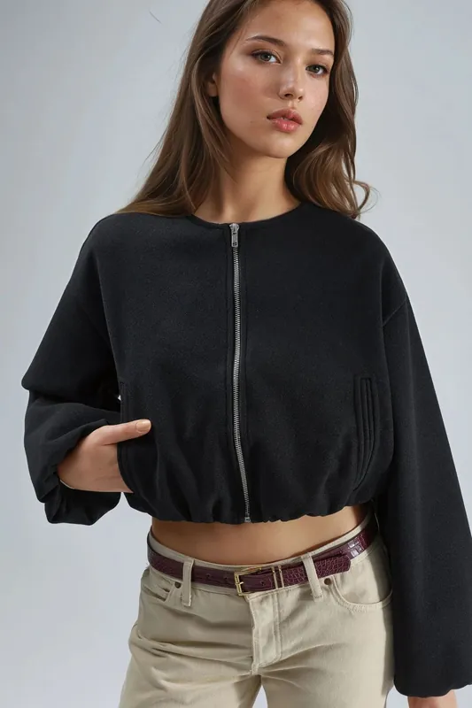 Crop Gabardine Jacket with Zipper and Pocket - Busem