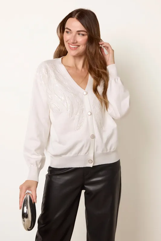 Ivory Pearl Button Embellished Front Cardigan - Blue Vanilla