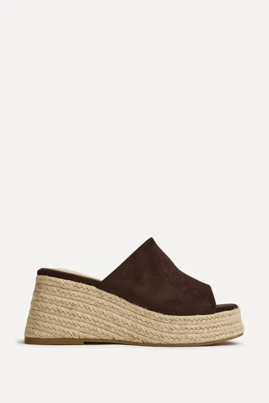 Espresso Brown Faux Suede Espadrille Mule Wedges - Linzi