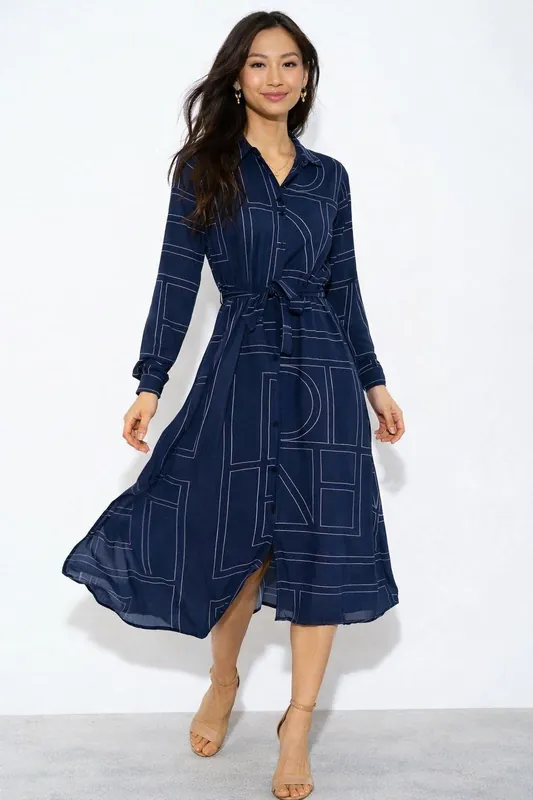 Navy Abstract Line Print Belted Shirt Dress - Love Sunshine