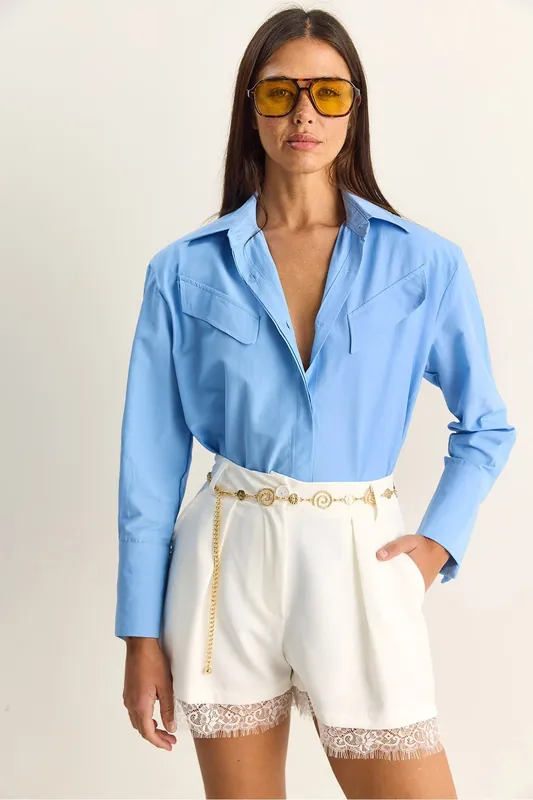 Casual Long Sleeve Button Up Poplin Shirt with Pocket - Bianco Lucci