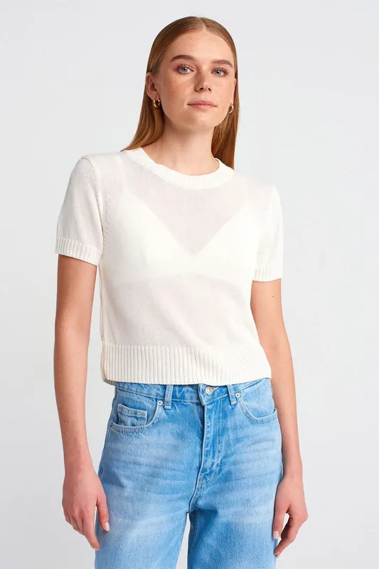 Women's Ribbed Crew Neck Short-sleeve Sweater