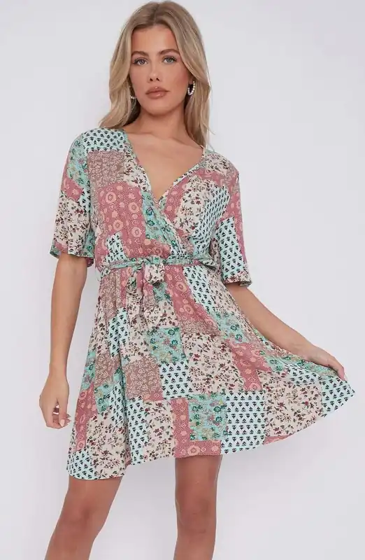 Multi Floral Patch Print Wrapped Mini Dress - Love Sunshine