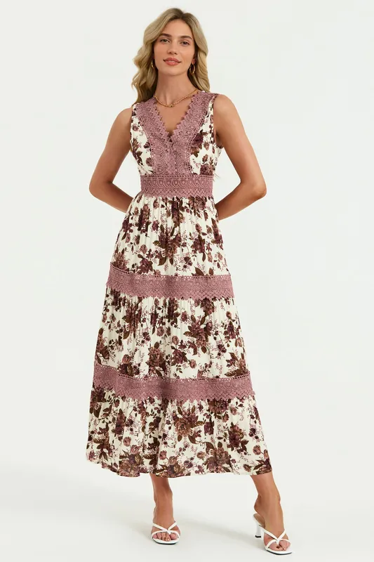 Floral Print Lace Detail Maxi Dress In Off White - FS Collection