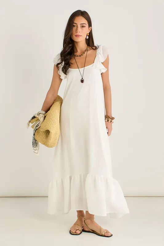 White Ruffle Short Sleeve Maxi Dress - Gini London