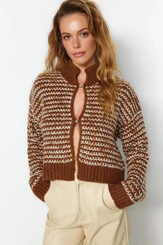 Textured Stripe Knit Cardigan with Hook Fastening - WOVCOR