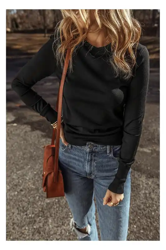 Black Solid Color Slim Fit Lightweight Crew Neck Sweater - Everyday The Label