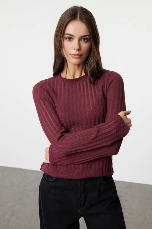 Sheer Crew Neck Ribbed Knit Blouse - WOVCOR
