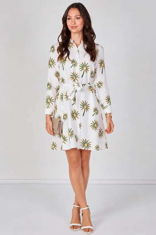 White Floral Print Long Sleeve Mini Shirt Dress - Love Sunshine
