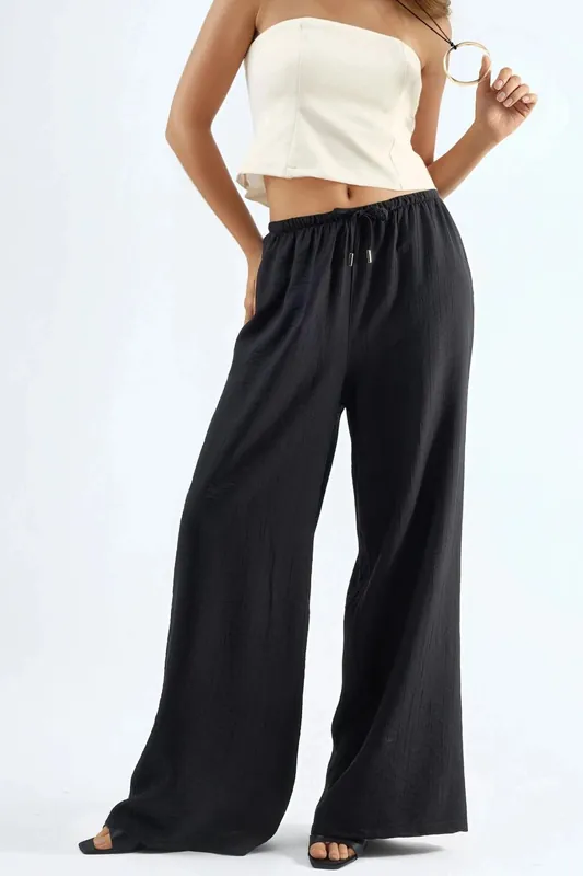 Wide Leg Drawstring Waist Pants with Pockets - Busem