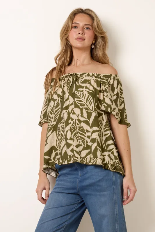 Khaki Printed Tie Front Top - Blue Vanilla