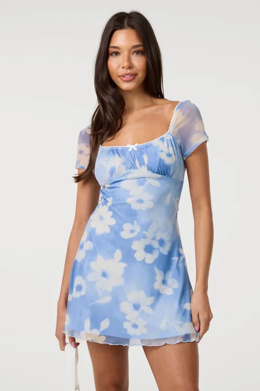 Blue Floral Printed Mesh Cap Sleeve Mini Dress - Pink Vanilla