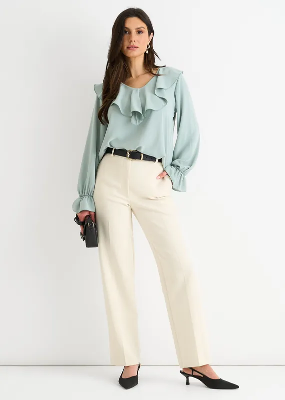 Sage Green Wide Frill Loose Fit Blouse - Gini London