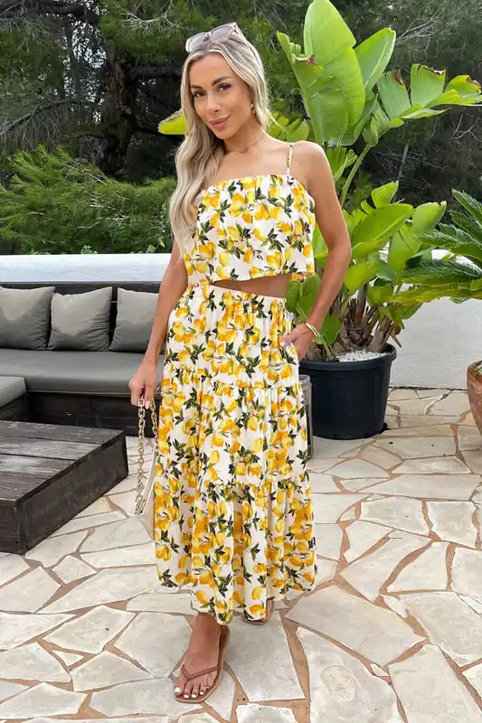 Cream Lemon Print Tiered Midi Skirt - AX Paris