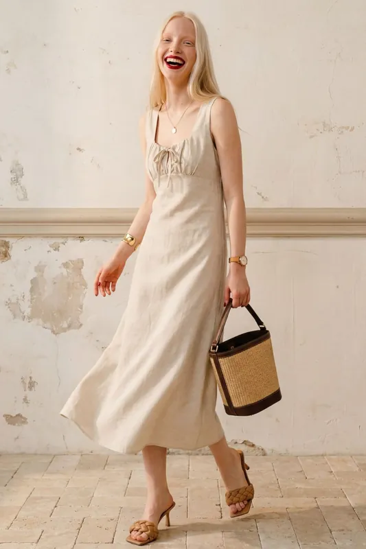 Midi Linen Dress with Tie Detail - MyFashion