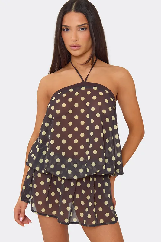 Blouson Style Frill Trim Polka Dot Mini Dress - EGO