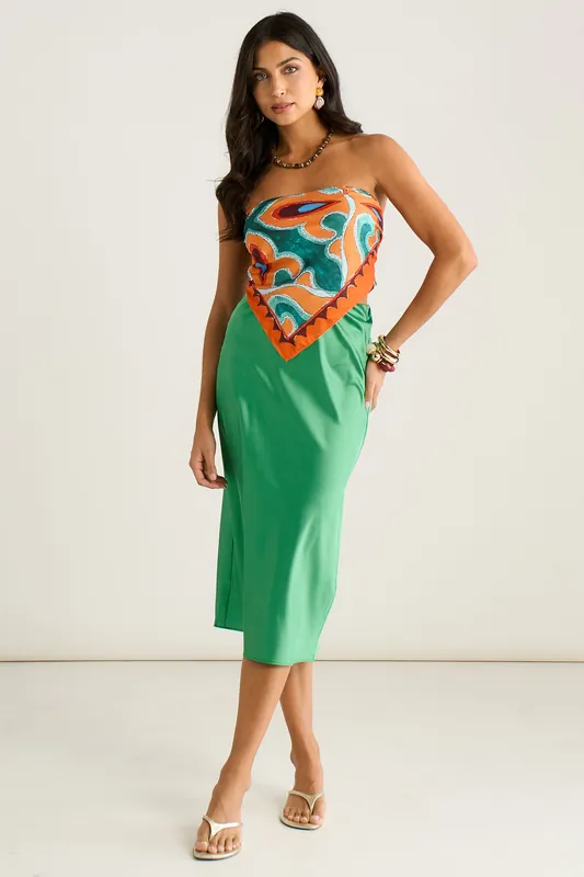 Green Satin High Waist Midi Skirt - Gini London