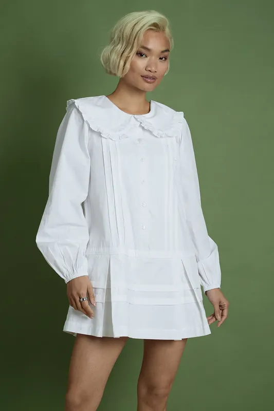 Cotton Peter Pan Collar Drop Hem Dress - Neon Rose