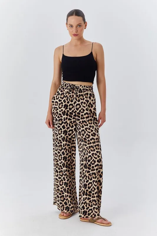 High Waist Leopard Print Wide Leg Pants - MixRay