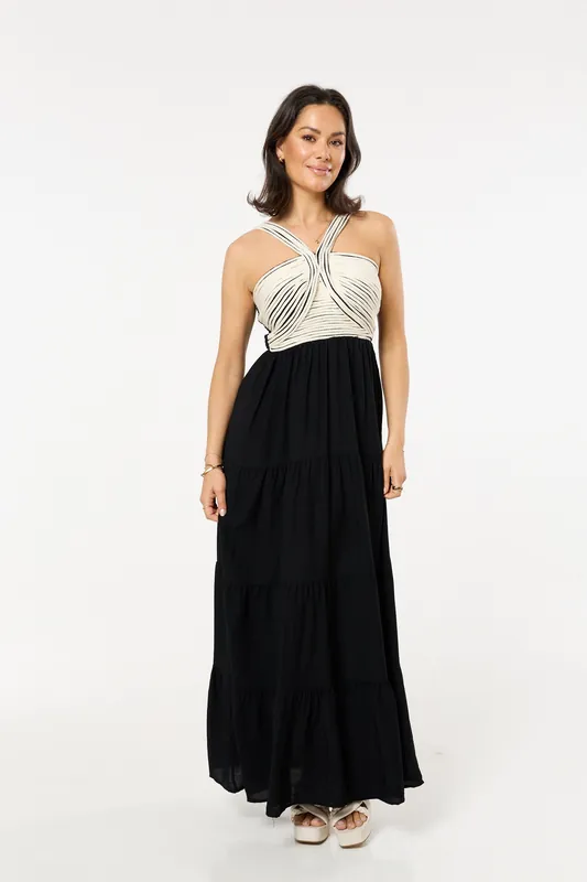 Contrast Bodice Tiered Maxi Dress - Liquorish
